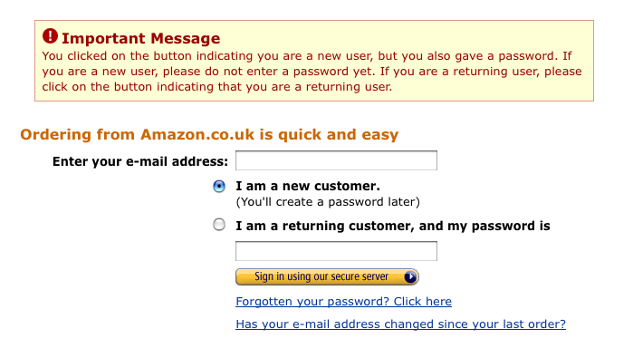 Amazon log in error screen shot